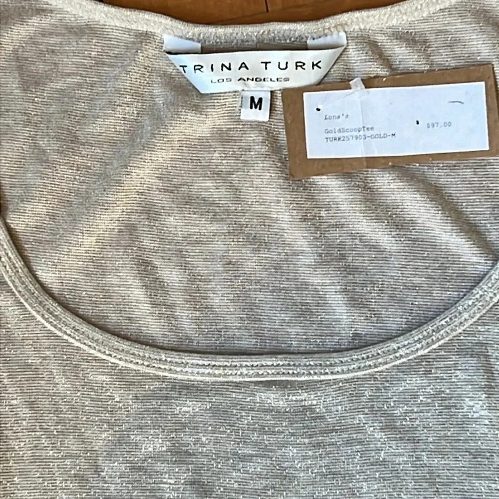 TRINA TURK Womens Gold Glitter Top T-Shirt Tee Golden Metallic Sparkle Beige M - Picture 2 of 3